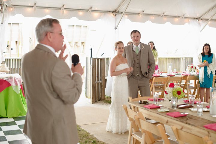 Caitlin and Hunter's Outer Banks beach wedding in Corolla, NC Reception Toast