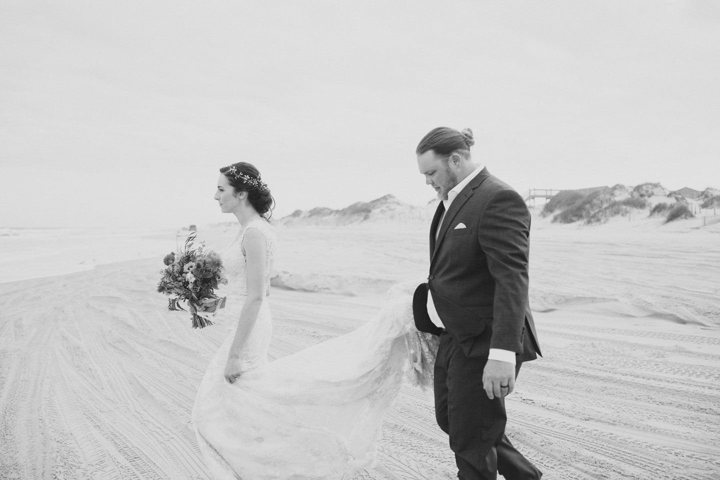 Black and white photography, couple walking together on the Outer Banks