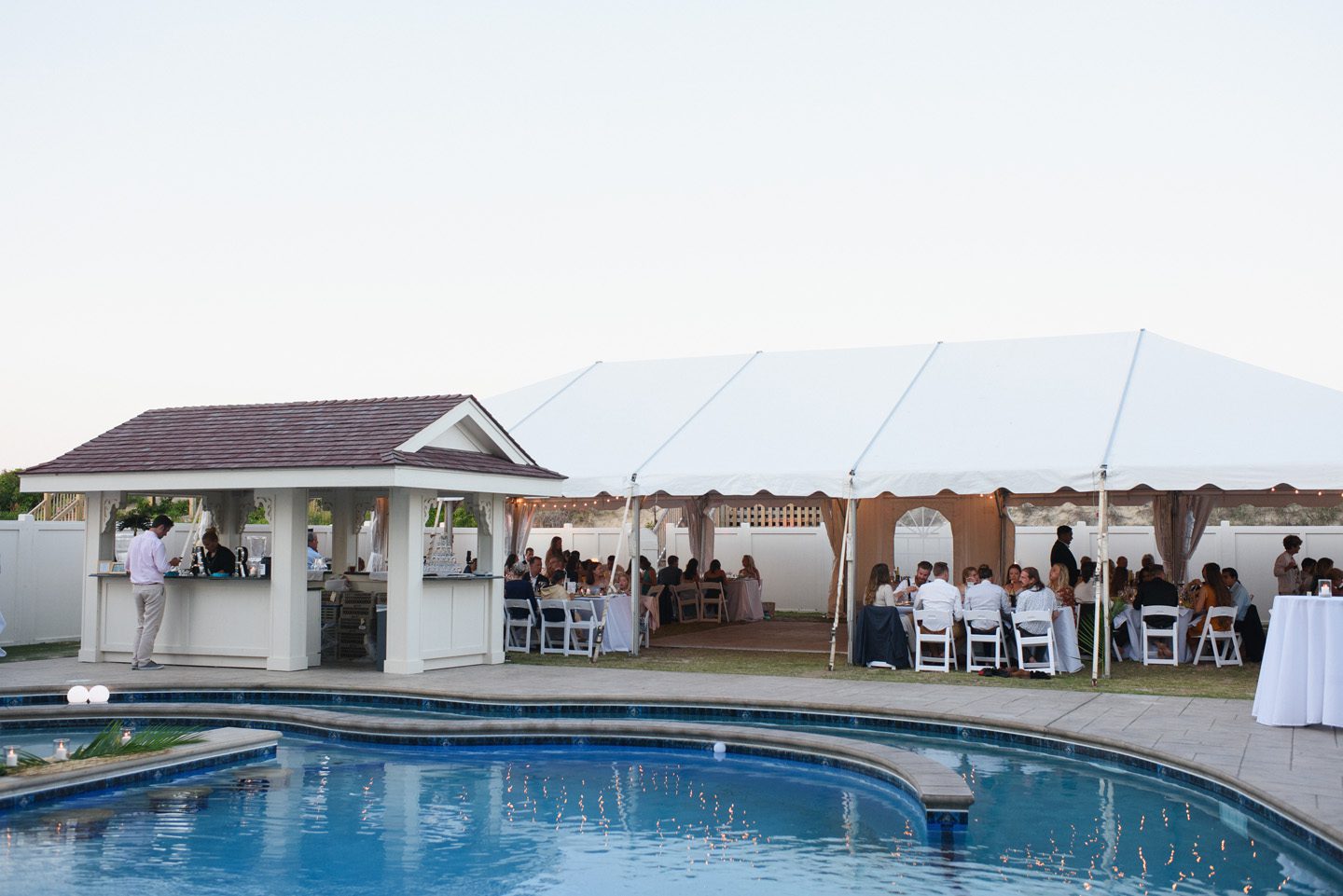Poolside Wedding reception Photographer at Outer Banks Wedding at Sound to Sea Beach Club