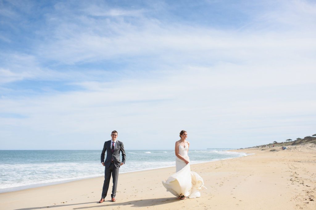 Bride spins dress in portrait on the Outer Banks