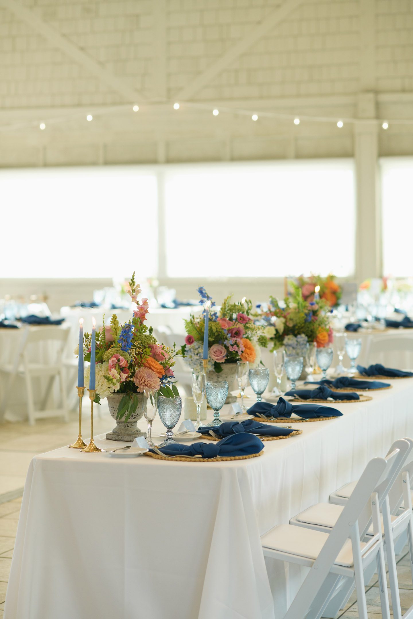 Colorful wedding reception decor at the Sanderling Resort